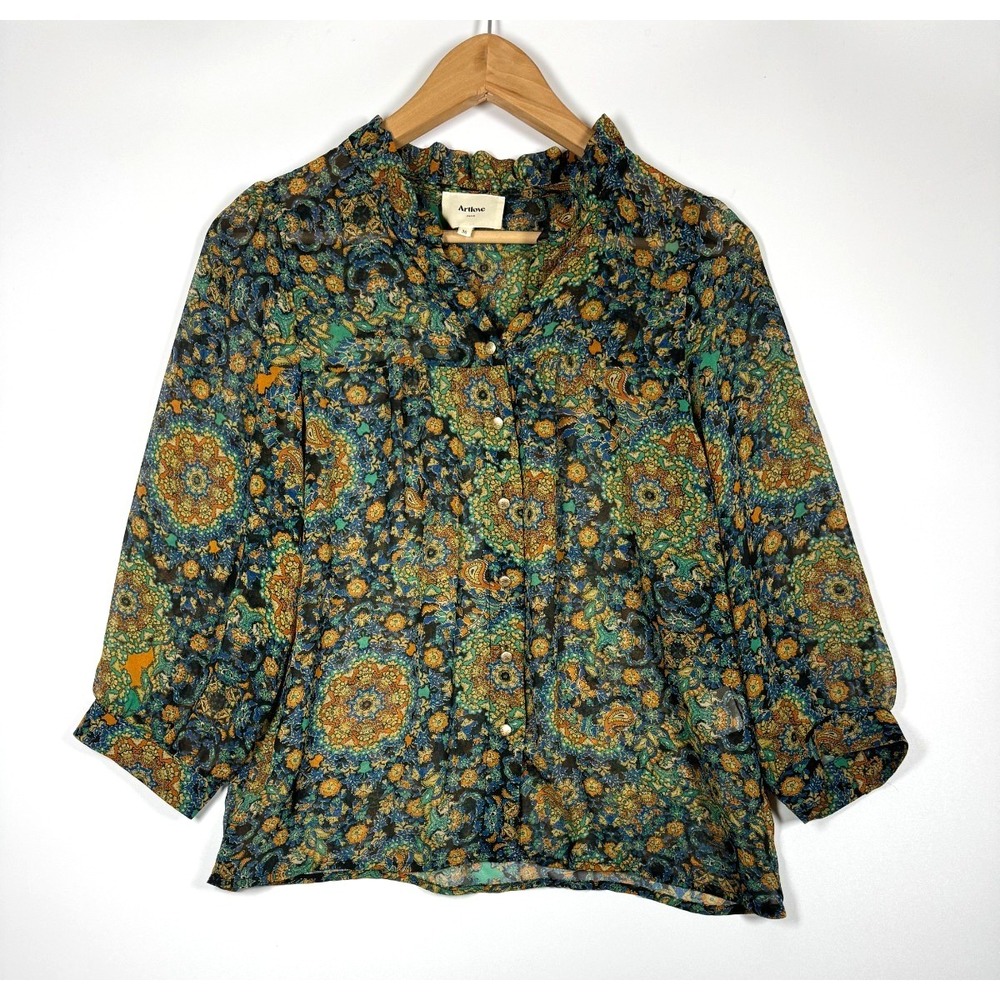 Artlove Paris Blouse 36 Blue Green‎ Paisley Floral Sheer Button Up Ruffle Neck
